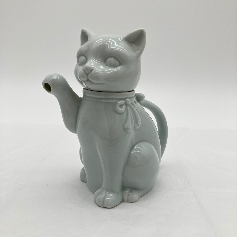Vintage Celadon Takahashi Japan Celadon Porcelain Cat Teapot 1970s Kitty Creamer